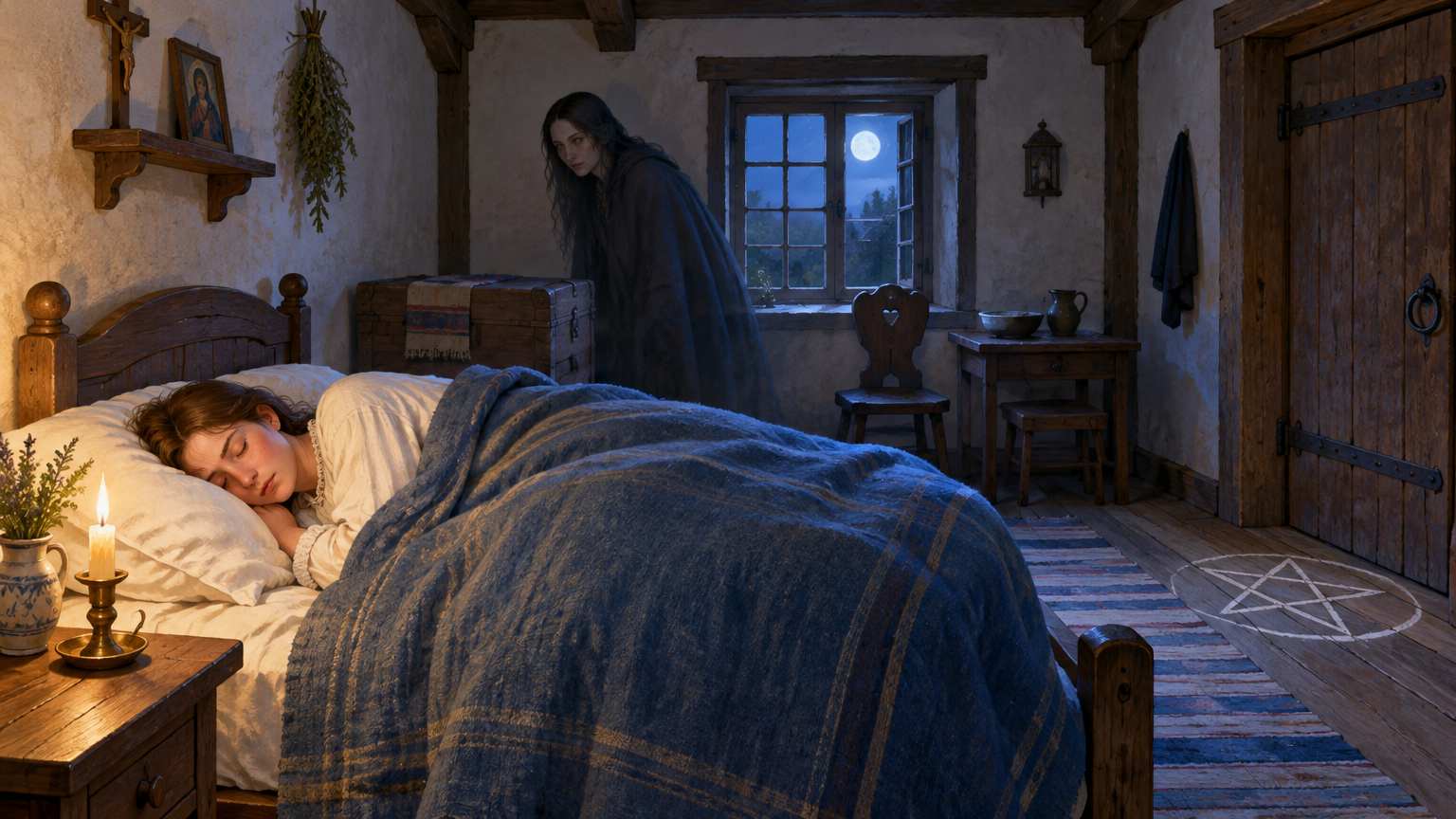 A quiet bedroom with an empty bed, closed door, and surrounding walls.