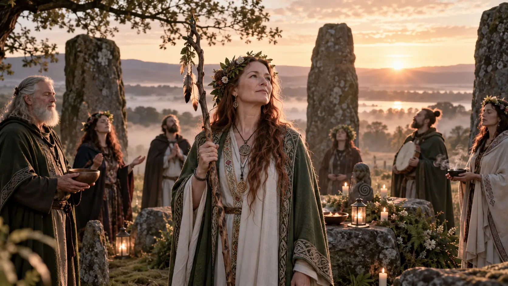 Modern Druids gather in a stone circle at sunrise, raising staffs, music, and offerings in a ceremonial celebration of nature, memory, and spiritual renewal.