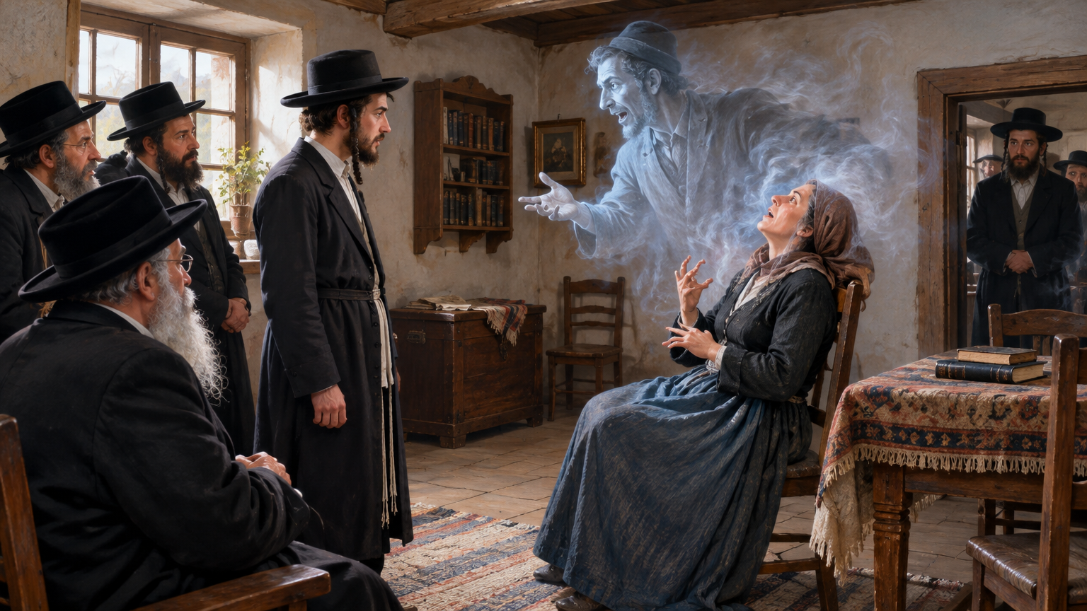 Young Israel ben Eliezer faces a woman while several religious visitors look on.