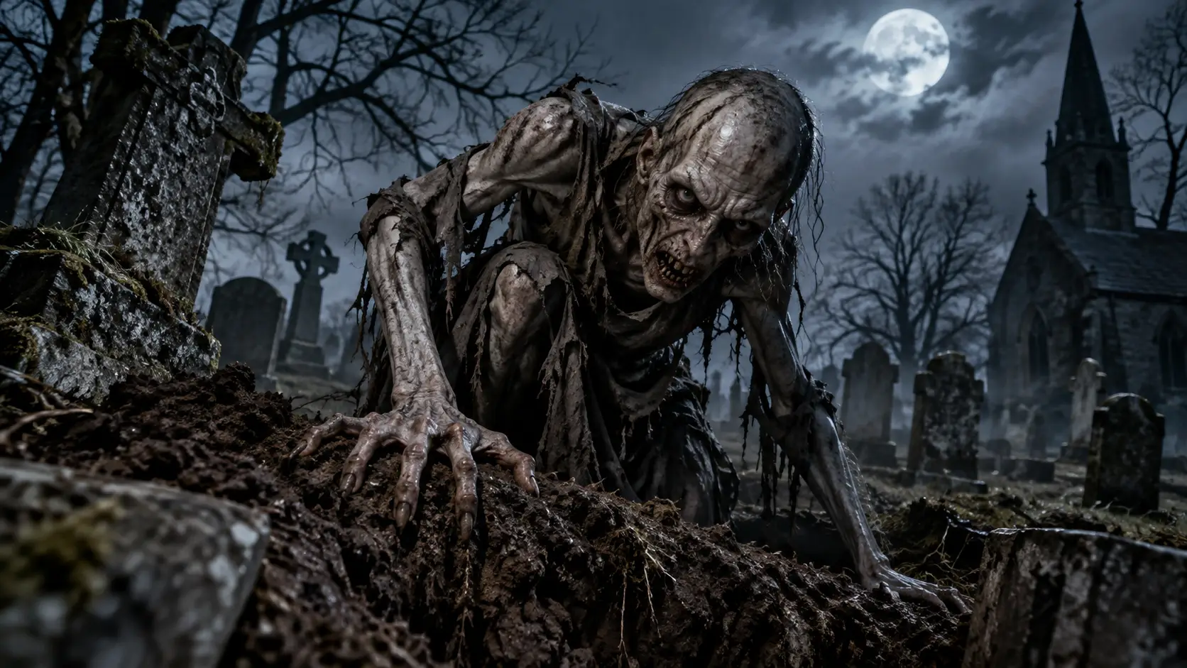 A Western graveyard ghoul shaped by later English-language horror, transforming the older Arabic desert predator into a corpse-like cemetery monster suited to modern Gothic fears and the imagery of gravediggers, tombs, and the restless dead.