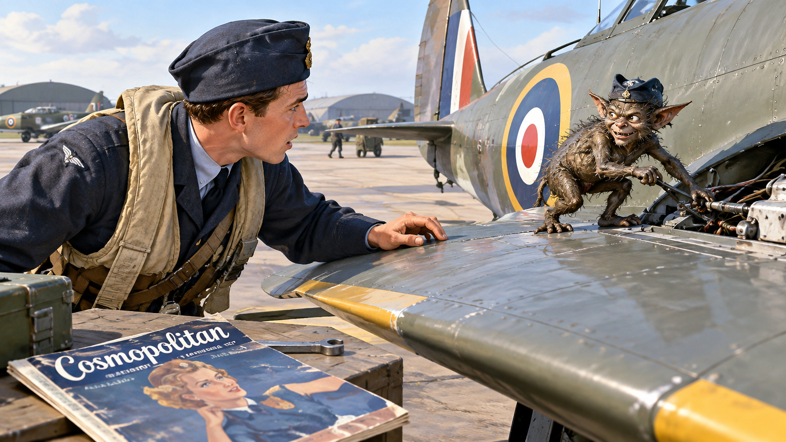 A magazine issue displays printed text about RAF pilot Gus and the creatures in Dahl’s tale.