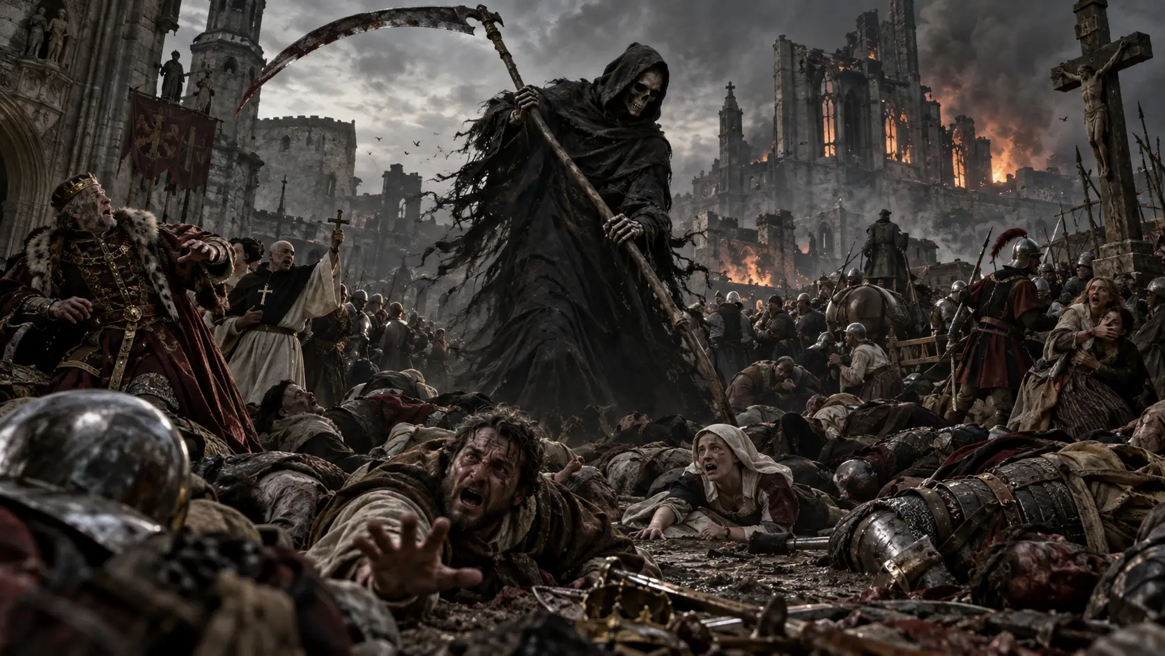 The Grim Reaper as an allegory of universal mortality, moving through a devastated society where ruler, clergy, soldier, and commoner fall alike, echoing the collective vision of death in Bruegel’s The Triumph of Death.