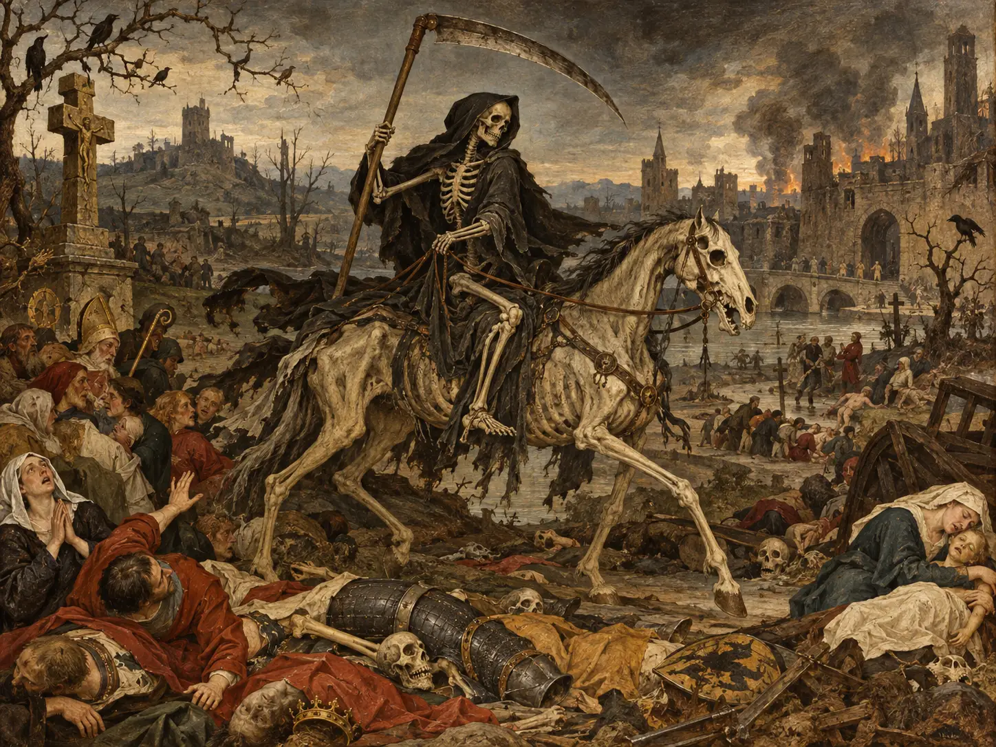 The Grim Reaper rides a skeletal horse through a world overcome by death, combining the scythe-bearing personification of mortality with the mounted skeletal imagery found in late medieval and Renaissance European death allegories.