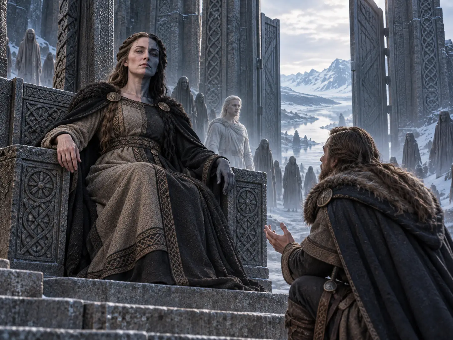 Hel receives Hermóðr in her realm after he comes seeking Baldr’s release, showing her authority over the dead and the limits placed on returning them to the world of the living.