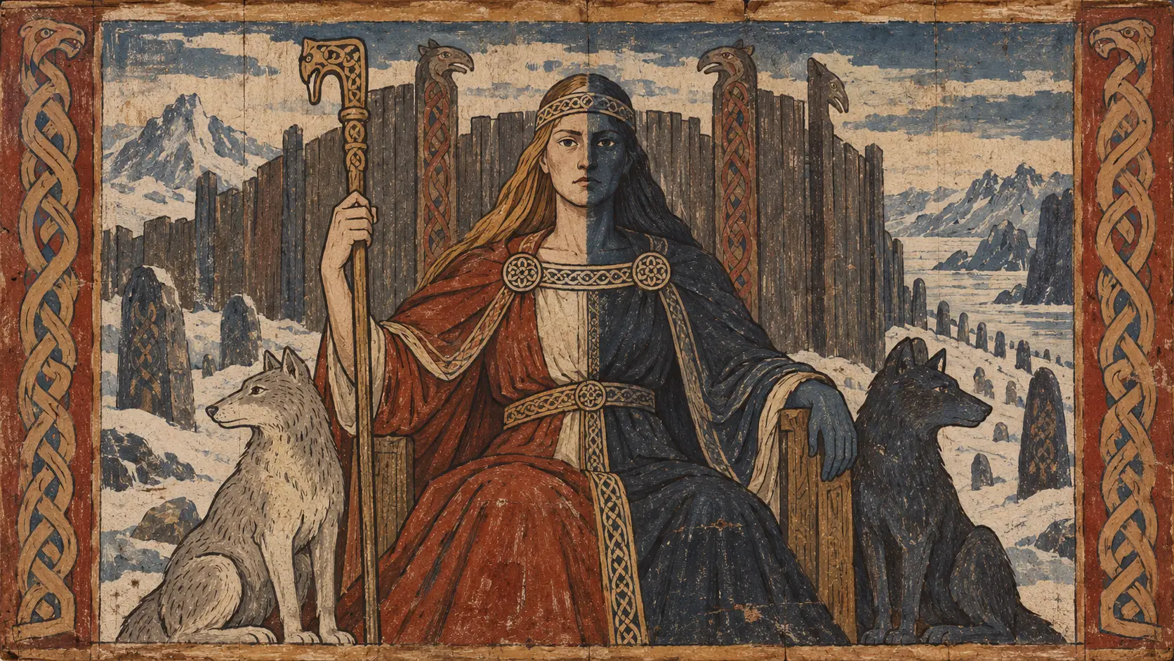 Hel - the ruler of the dead, shown half blue-black and half flesh-coloured in keeping with Snorri’s description. The two dogs beside her serve as grim guardians of her authority, while the frozen enclosure, high wooden barriers, and wintry grave-marked landscape evoke the separated, death-bound realm of Niflheim.