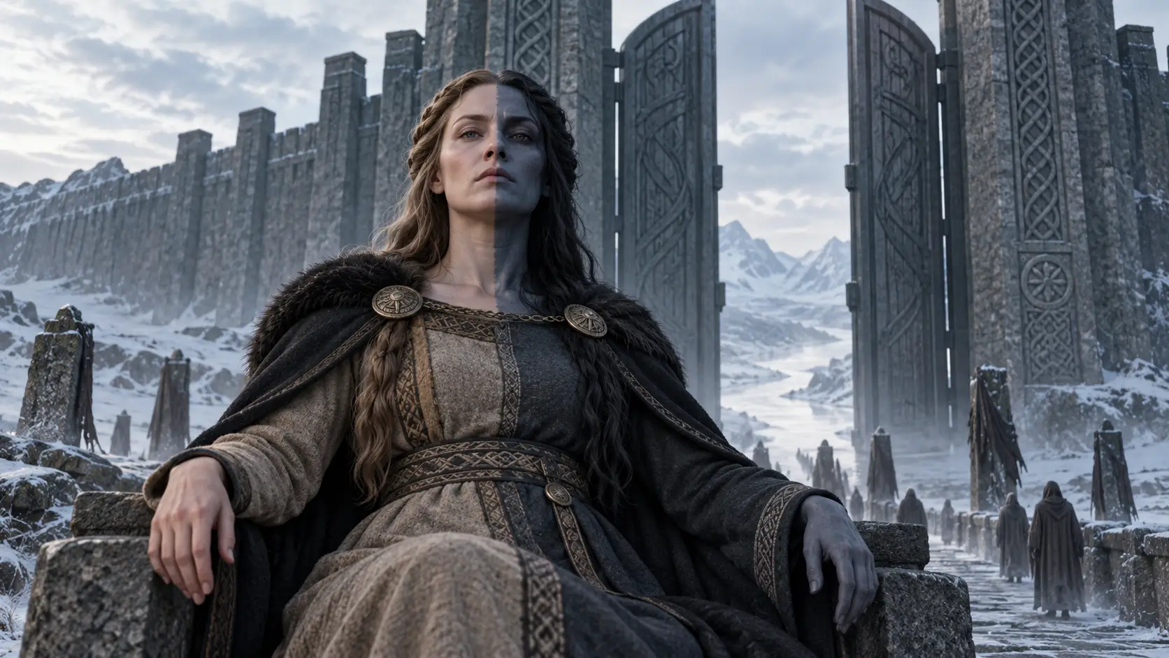 Hel seated before the high gates of her realm, shown as half blue-black and half flesh-coloured in a source-based interpretation inspired by Snorri’s Gylfaginning and the stark, wintry setting of Niflheim.