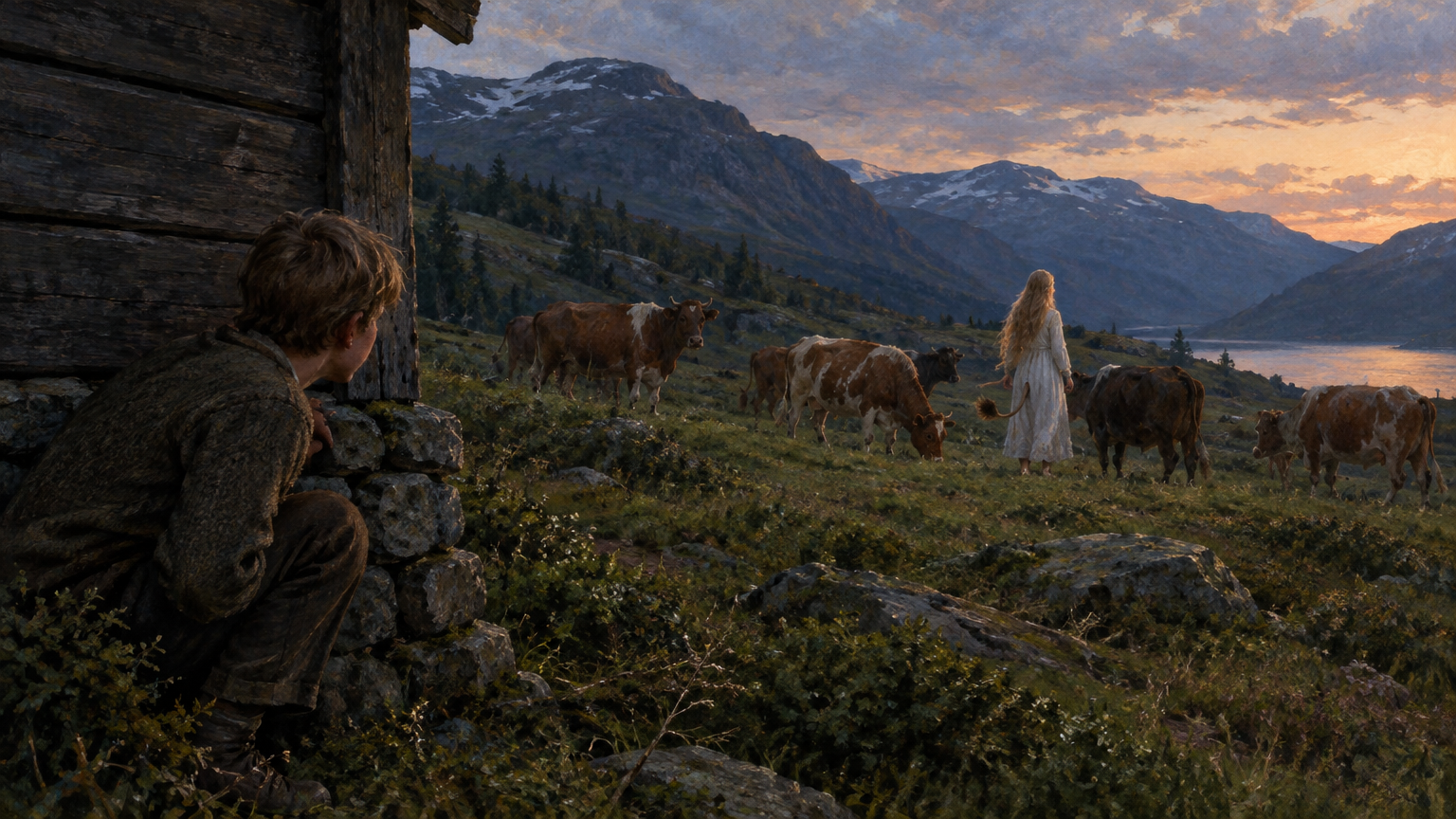 A boy stands on a mountain pasture with livestock nearby.