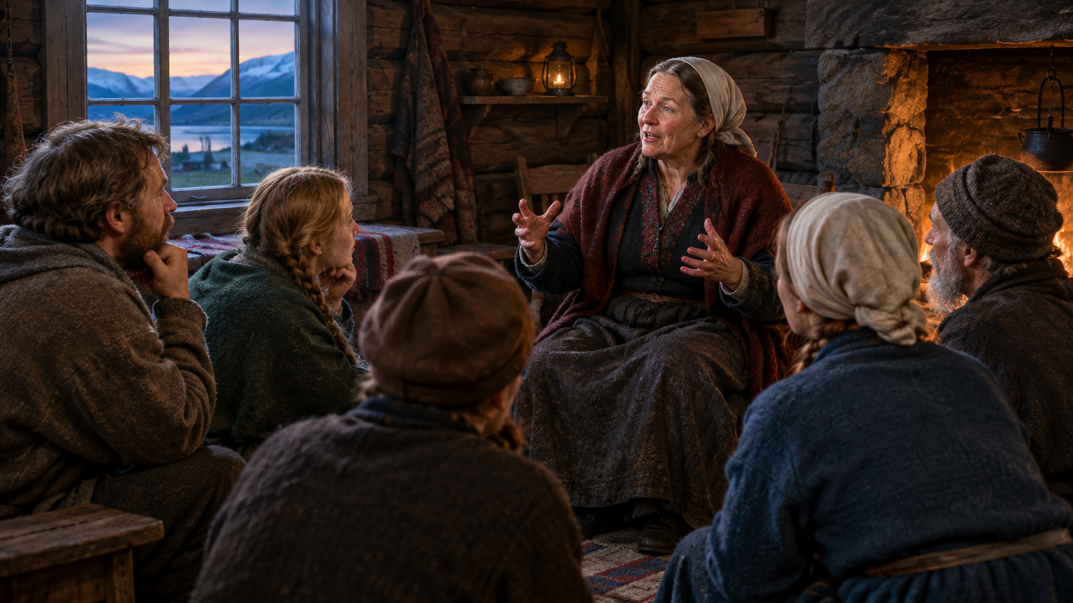 A storyteller speaks to a group of listeners gathered together.
