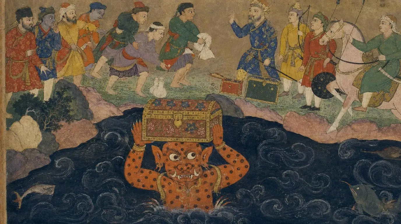 The ifrit Arghan's eyes are slightly crossed and his orange skin spotted all over; he carries a chest over the waters on behalf of Hamza