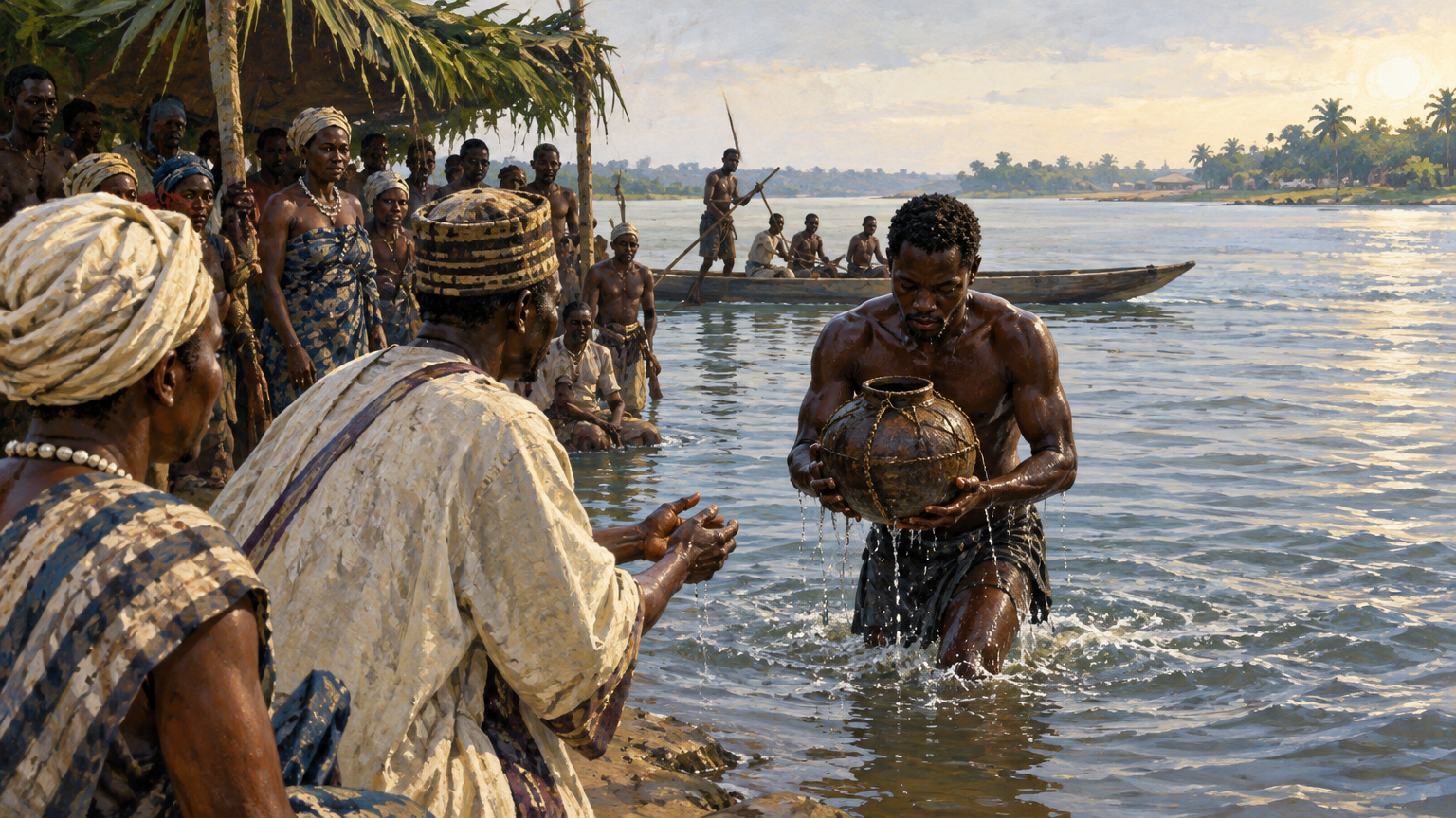 A diver enters the Wouri River carrying a vessel, then returns with a message.