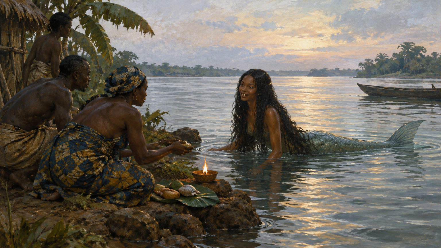 A beautiful girl or a long-haired mermaid-like figure with a gap-toothed smile appears.