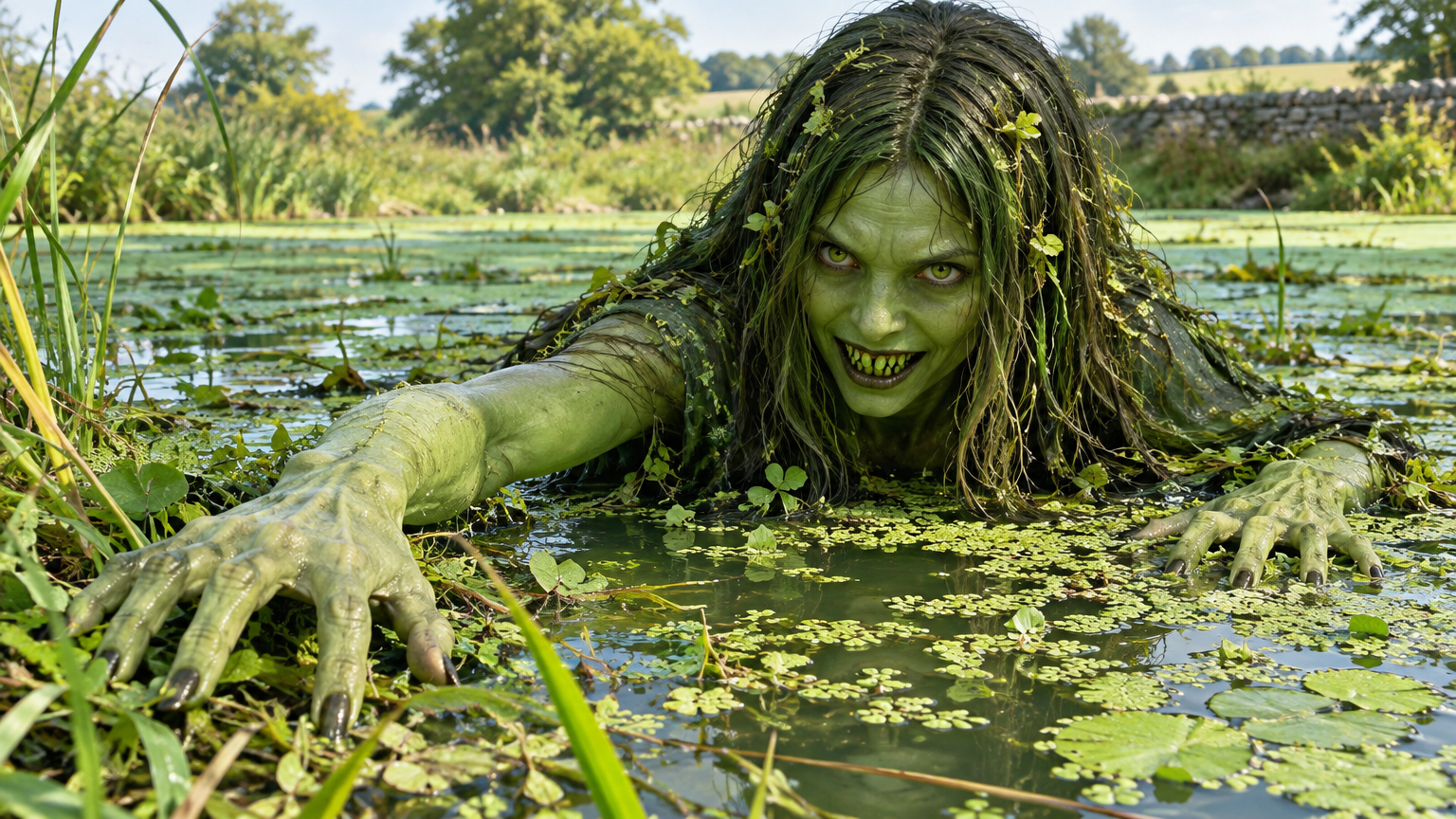 A long-haired figure extends sinewy arms from beneath floating plants on a pond.