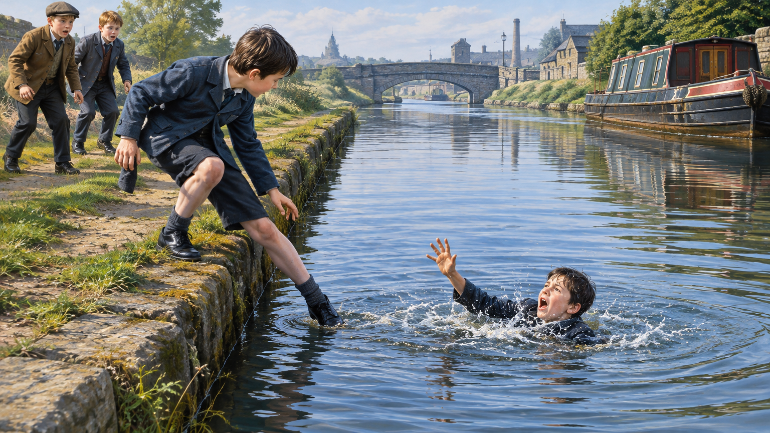 A boy stands at a canal edge with one leg extended over the water.