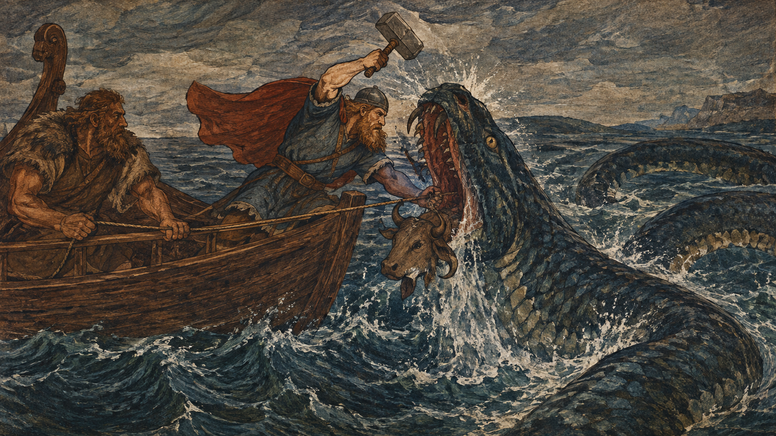 Thor grips a fishing line beside Hymir while a huge serpent coils above the water.