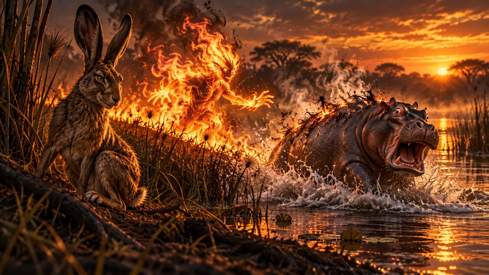 Kadimba and Fire drive Hippo into the river, in the folktale episode that explains why hippos have no hair and why they stay close to the water.