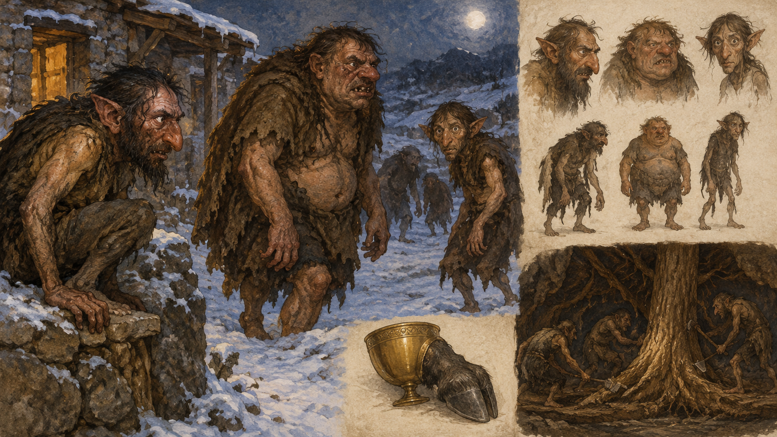 A group of beings labor beneath the earth, cutting at a tree.
