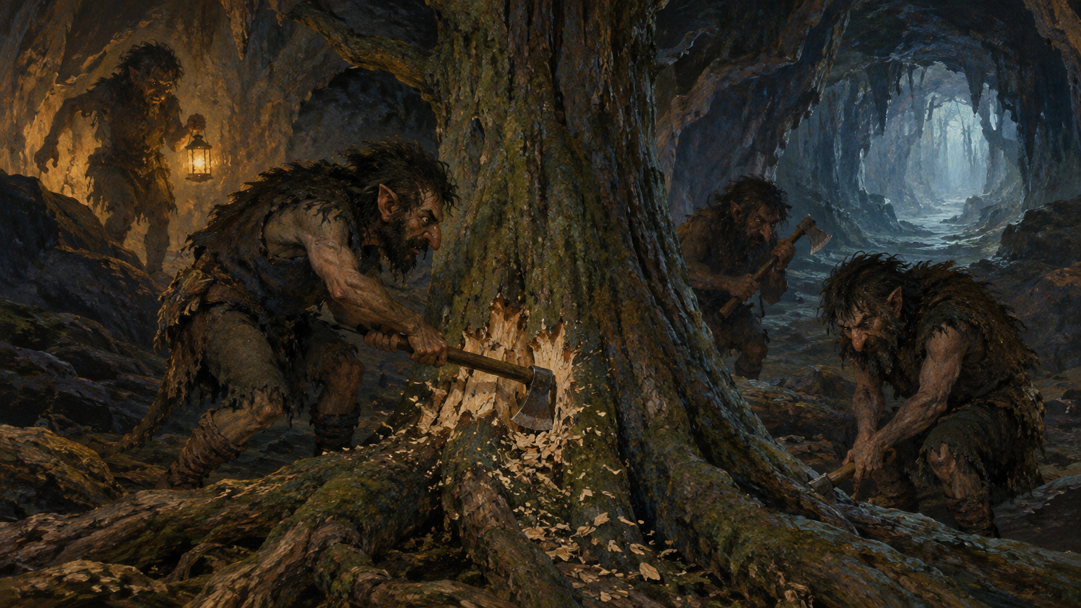 Several beings labor beneath the earth beside a tree, cutting its trunk.
