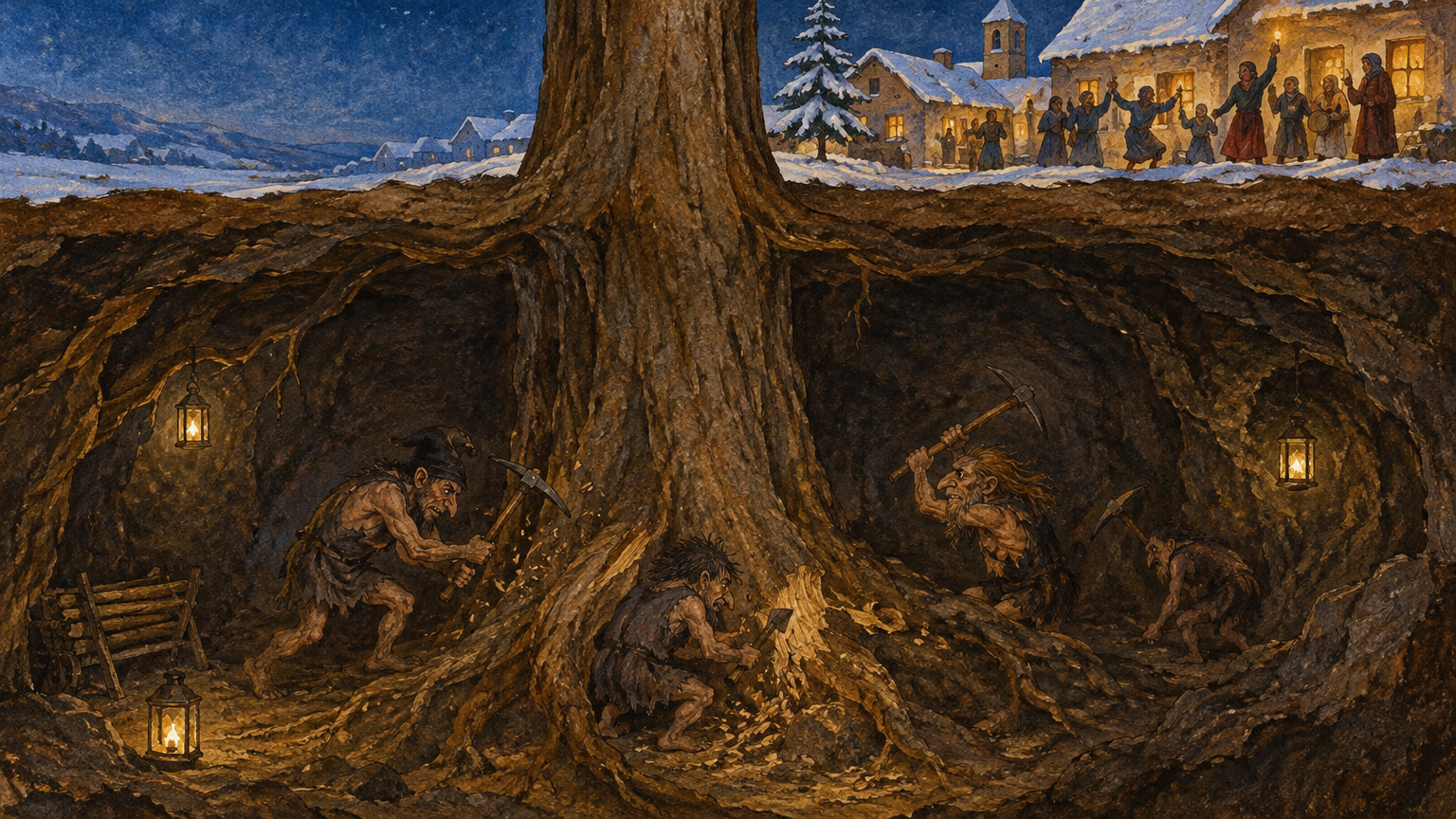 Underground creatures chop at the trunk of a tree rooted beneath the earth.