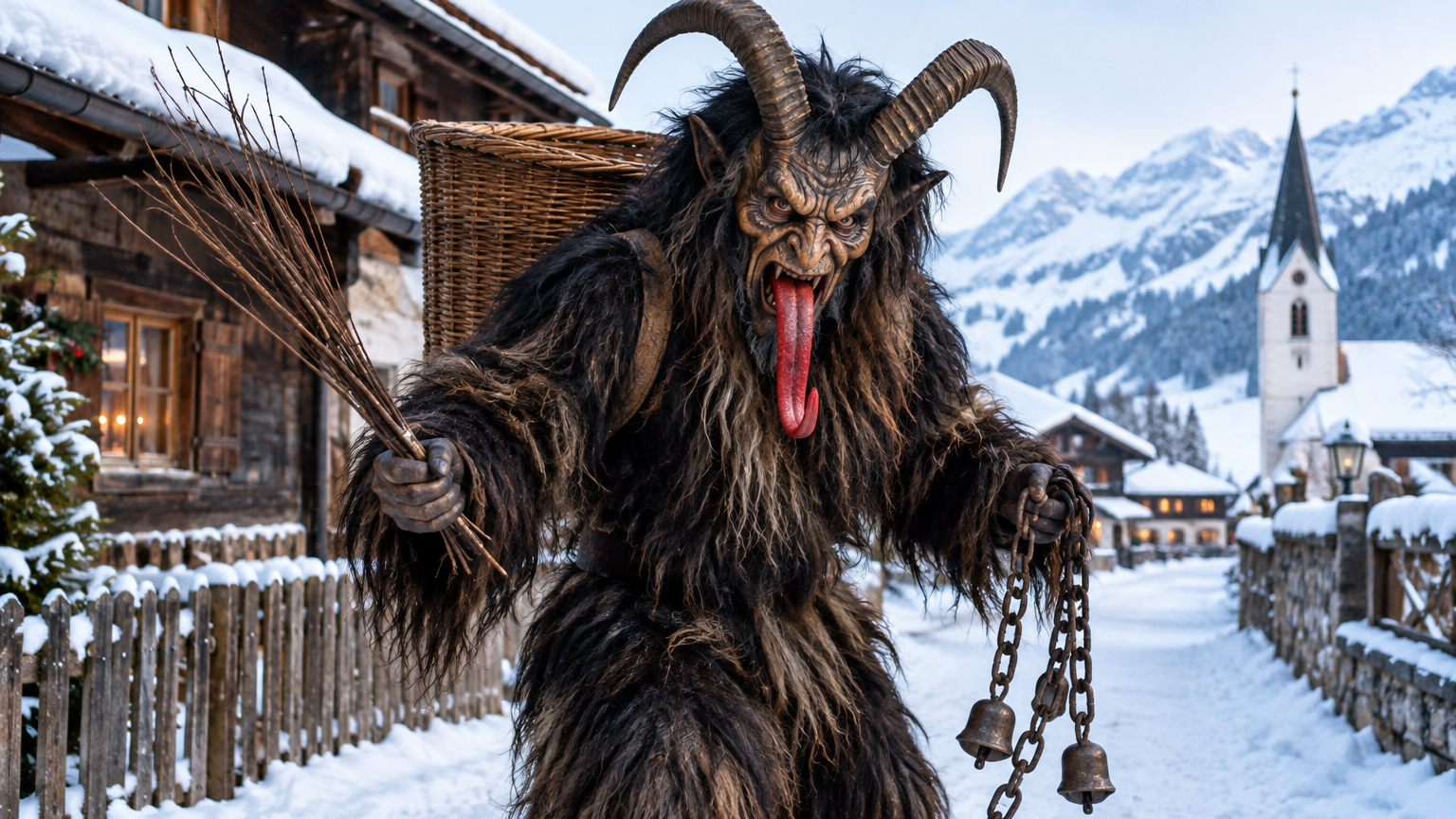 A costumed humanoid stands alone, its oversized mask and shaggy covering filling the frame.