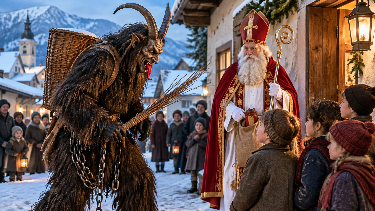 A horned figure participates in a public winter masking performance.