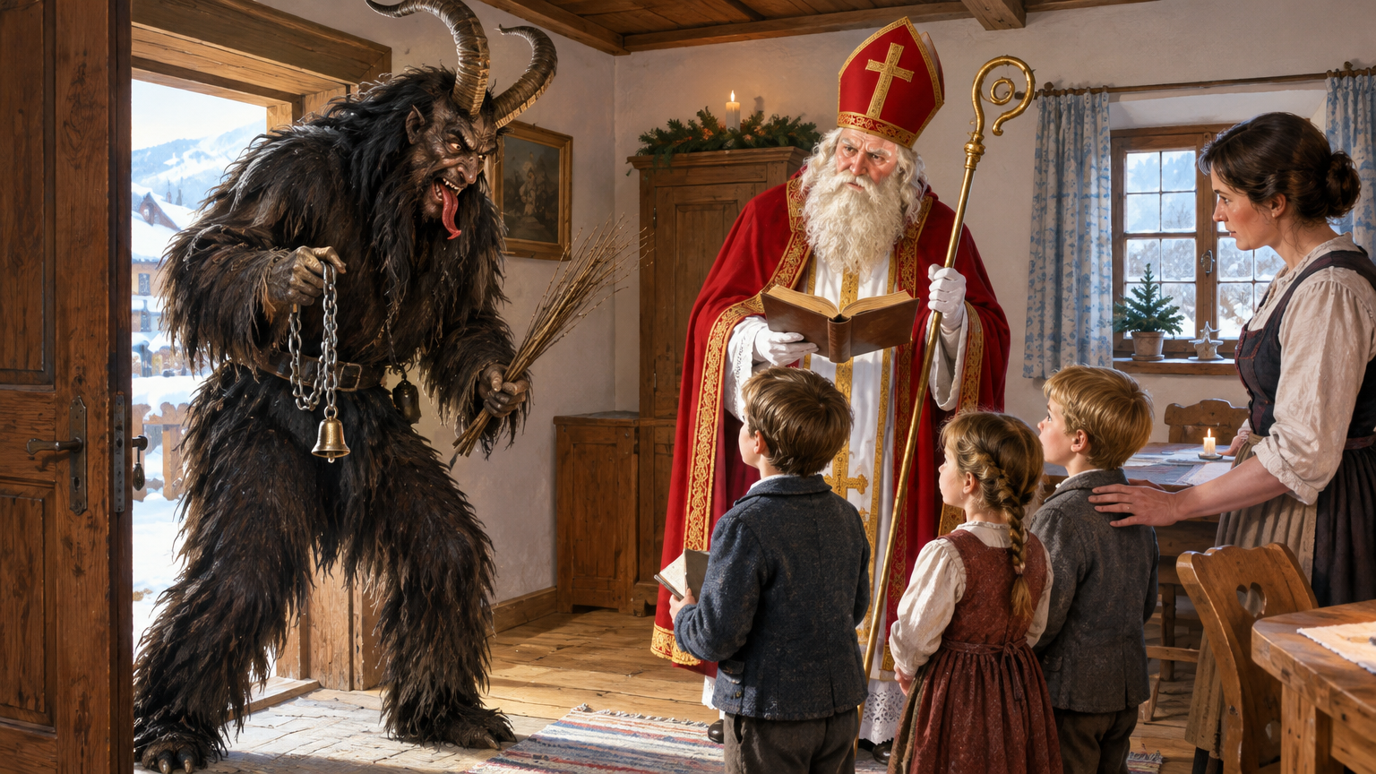 St. Nicholas faces children as his horned companion rattles a chain and holds a birch switch.