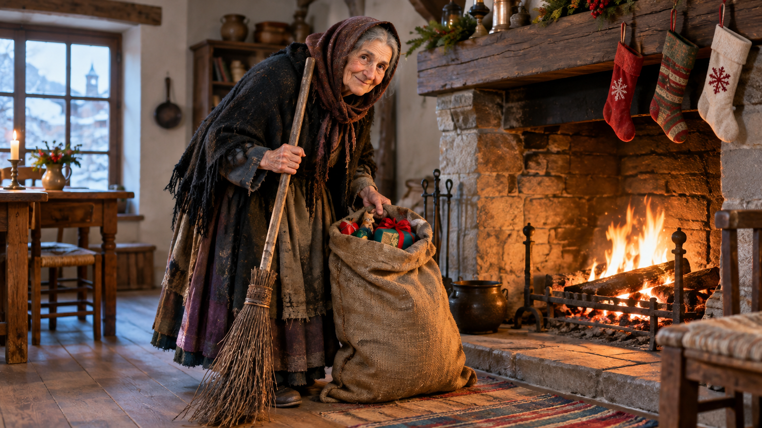 An elderly woman in worn clothes stands beside a fireplace and hanging stockings, holding a sack.