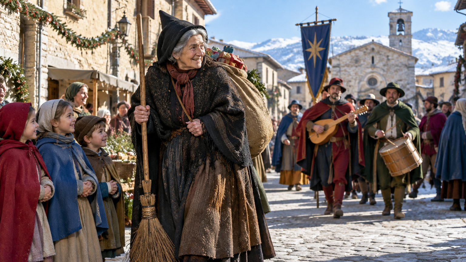A costumed figure moves among villagers as people sing and process through a public gathering.