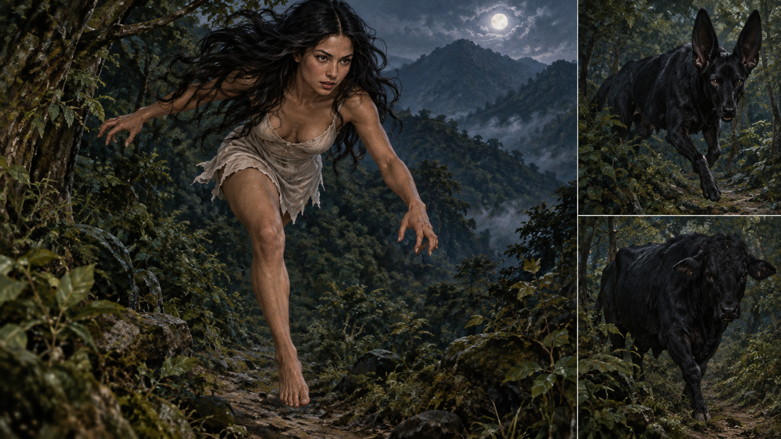 A lone woman with one visible leg moves across a wooded mountain landscape.