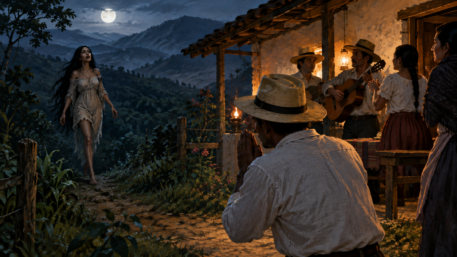 People gather at a house near mountain woodland as a figure comes toward them.