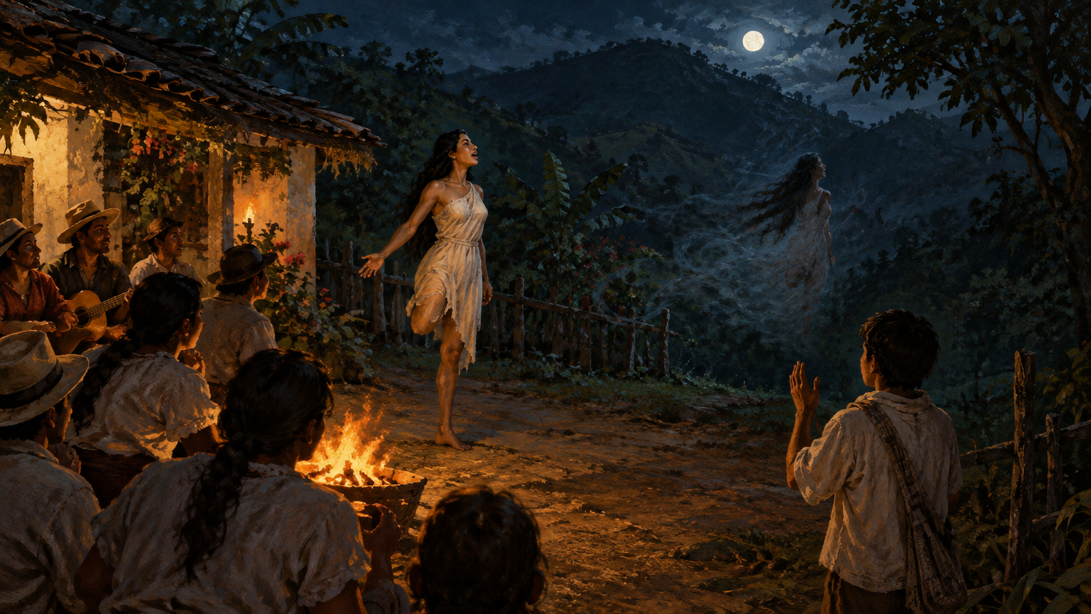 A one-legged woman approaches a house during a celebration as Juanito recites a prayer.