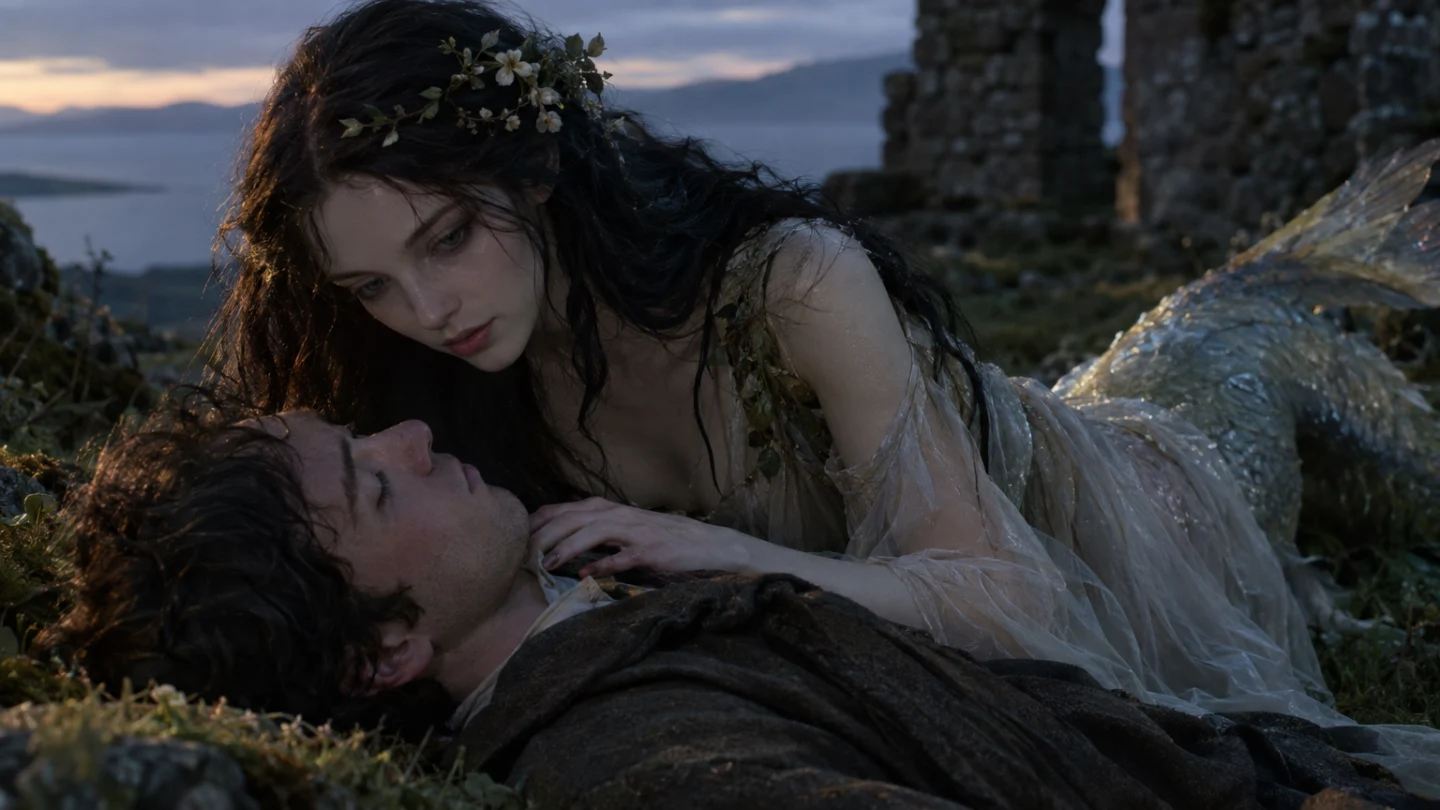 A Leanan Sidhe watches over her entranced mortal lover, reflecting the fairy-mistress tradition in which beauty, inspiration, and dangerous attachment become inseparable.