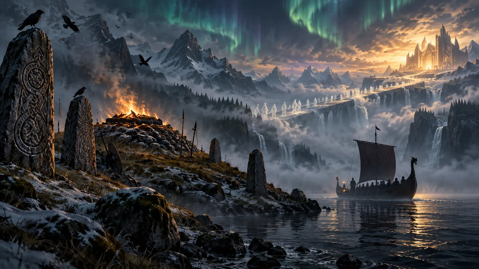 An imagined journey into the Viking afterlife, where funeral fires, mist-covered waters, and a procession of spirits evoke the mysteries of death and the many realms of Norse mythology.