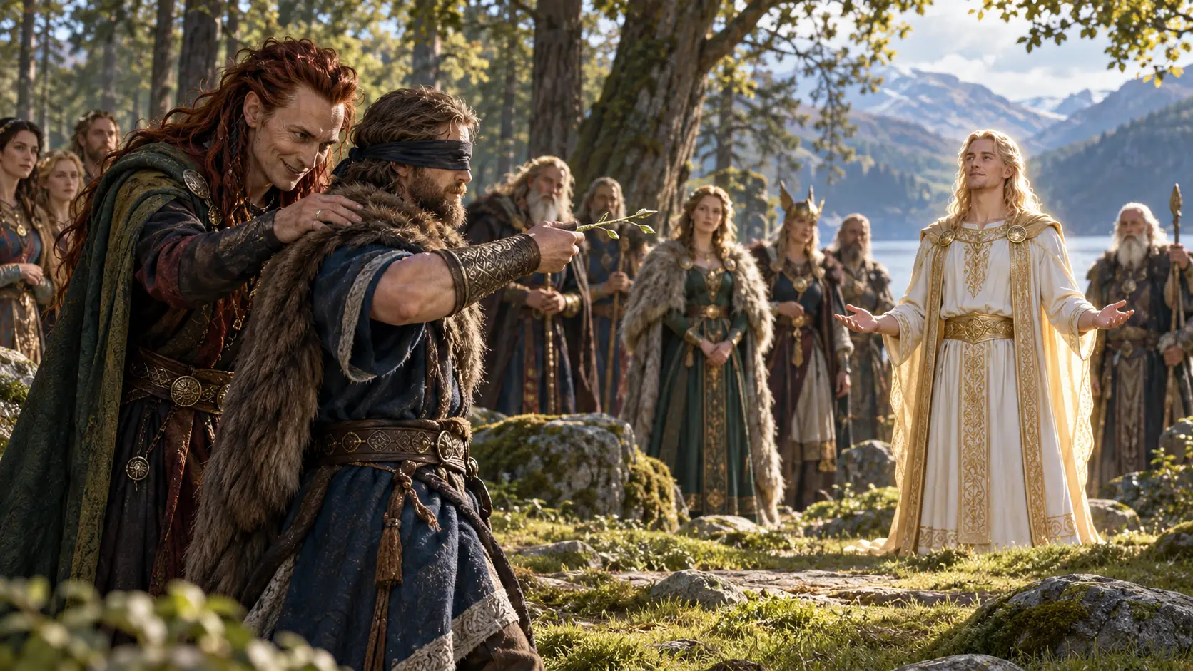 Loki holds a sprig of mistletoe as the blind Höðr prepares to strike Baldr, whose apparent invulnerability conceals a fatal weakness. The scene depicts the deception leading to Baldr’s death in Norse mythology, as recounted in Snorri Sturluson’s Prose Edda.
