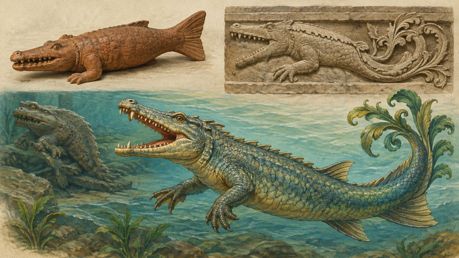 A terracotta creature has crocodilian features at the front and fish-like hindquarters.