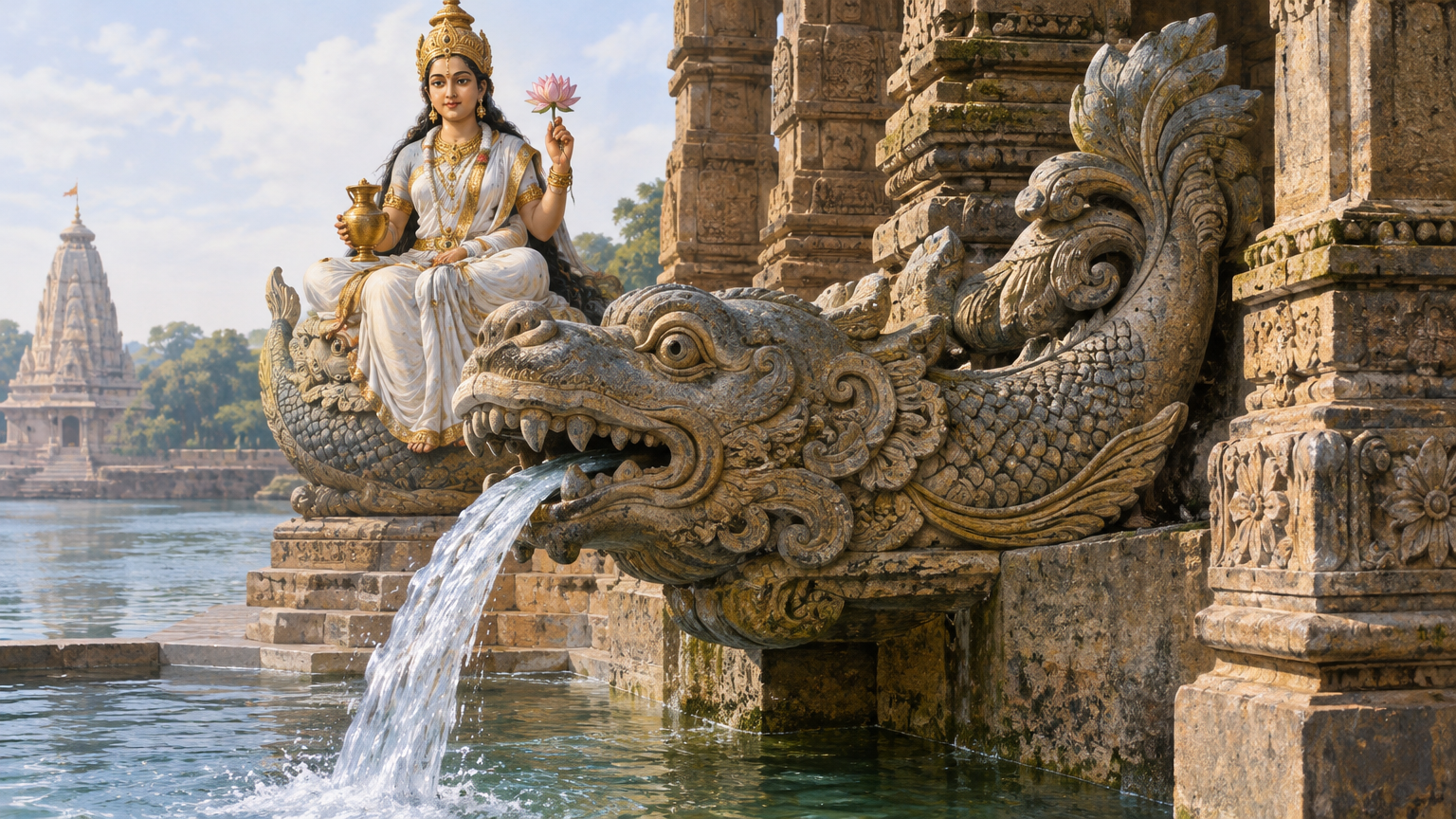 A goddess is accompanied by an aquatic creature with a vegetal tail.