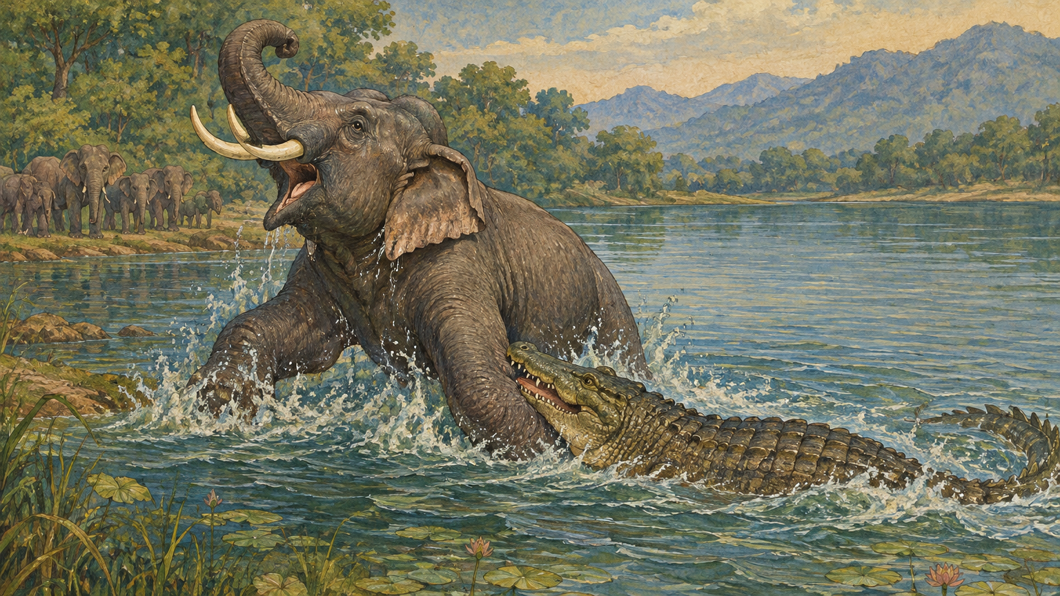 An elephant entering a lake is seized by a crocodile as the two struggle in the water.