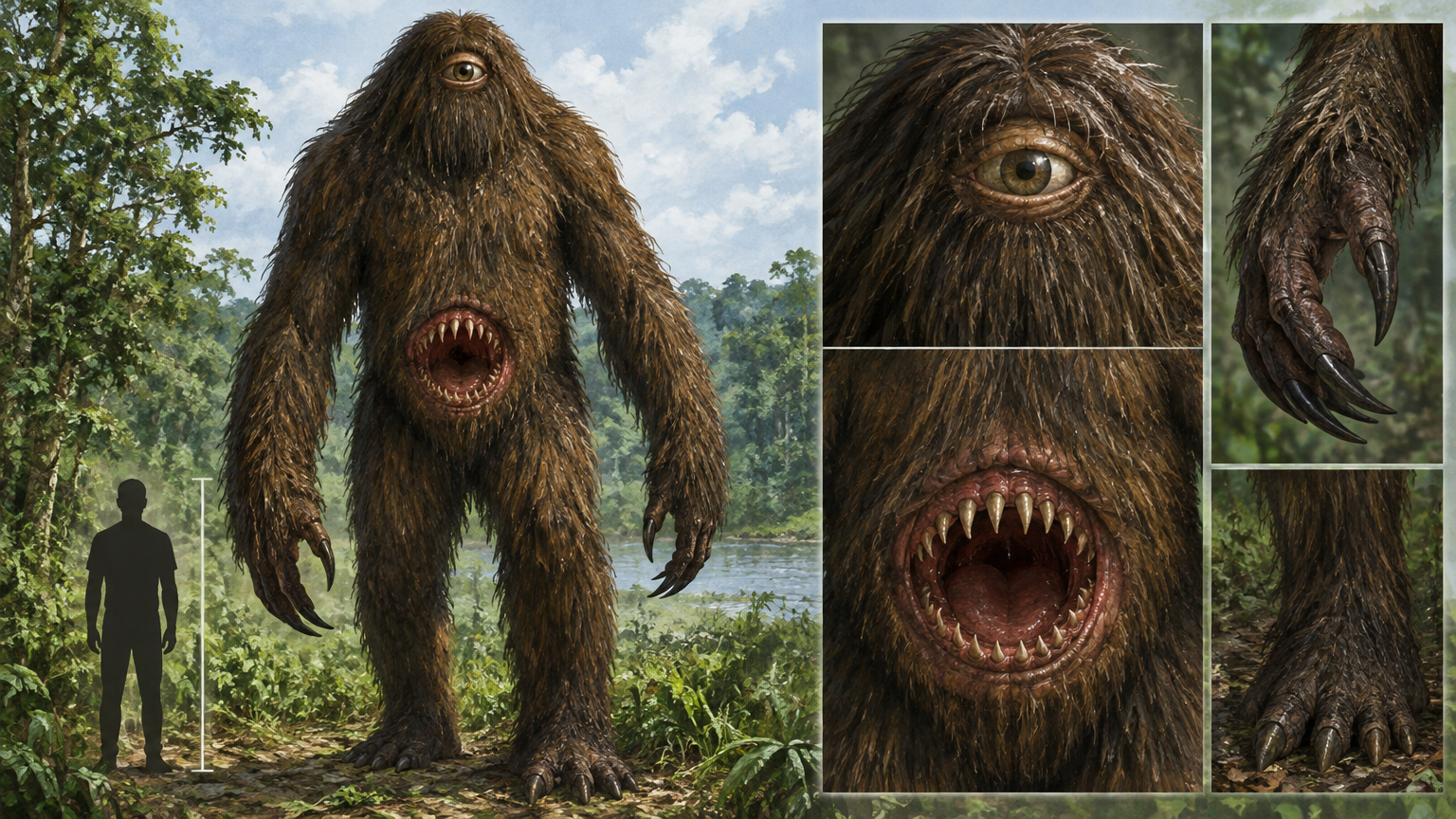A shaggy forest figure has long arms, claws, one eye, and a mouth at the navel.