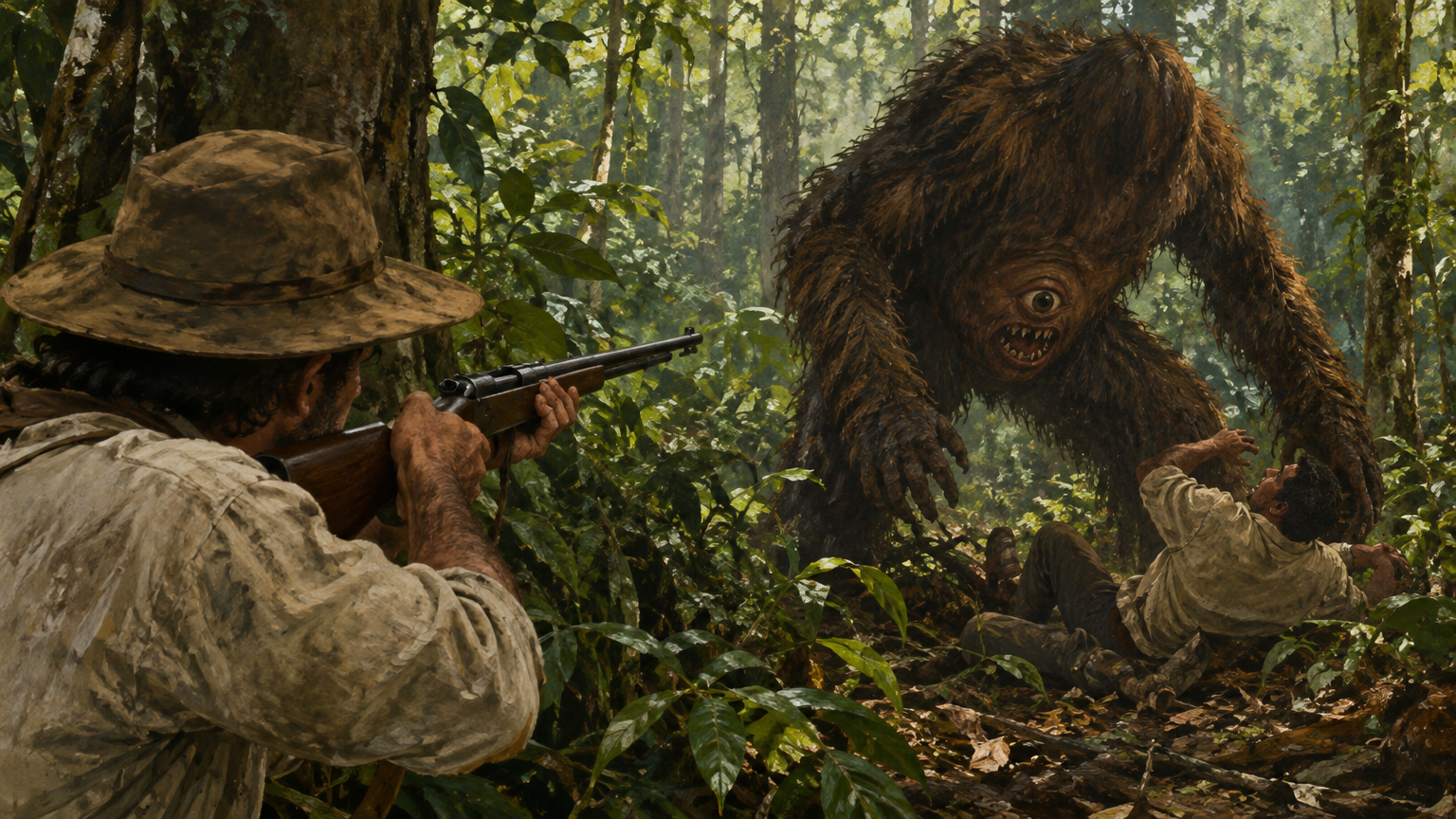 A forest creature attacks one person while a hunter looks on.