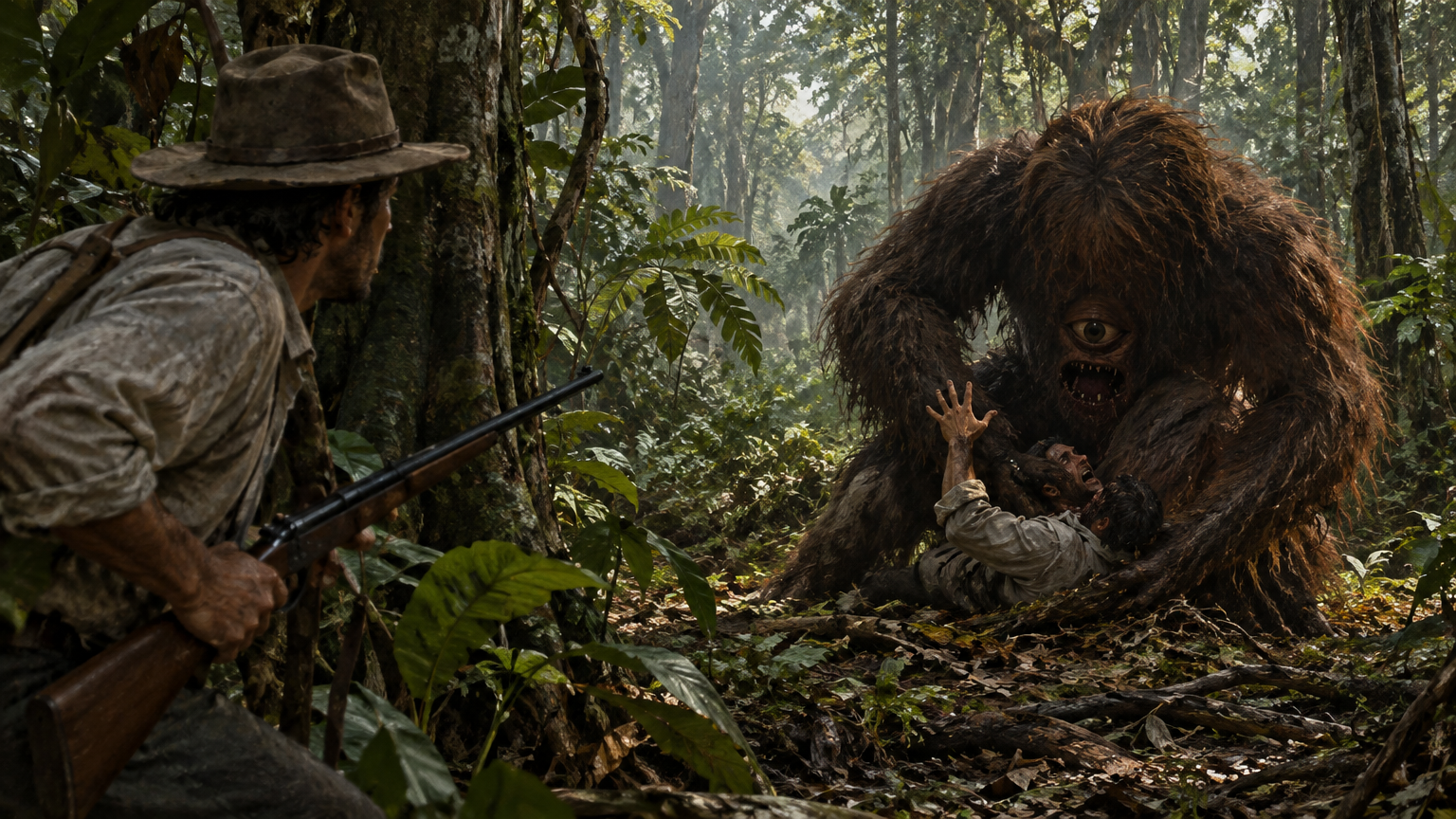 A creature attacks a forest worker among trees while another hunter is nearby.