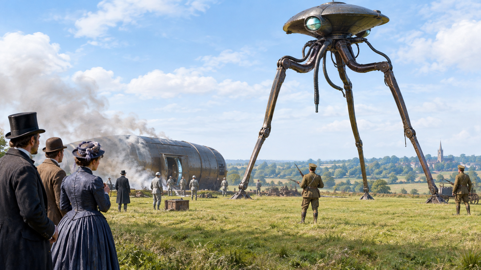 A lone mechanical war vehicle stands across a broad stretch of English countryside.