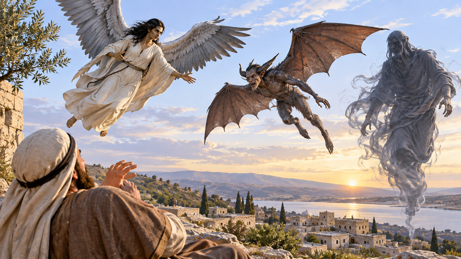 An indistinct winged figure stands alone, with a partly human outline and no distinctive clothing or features.