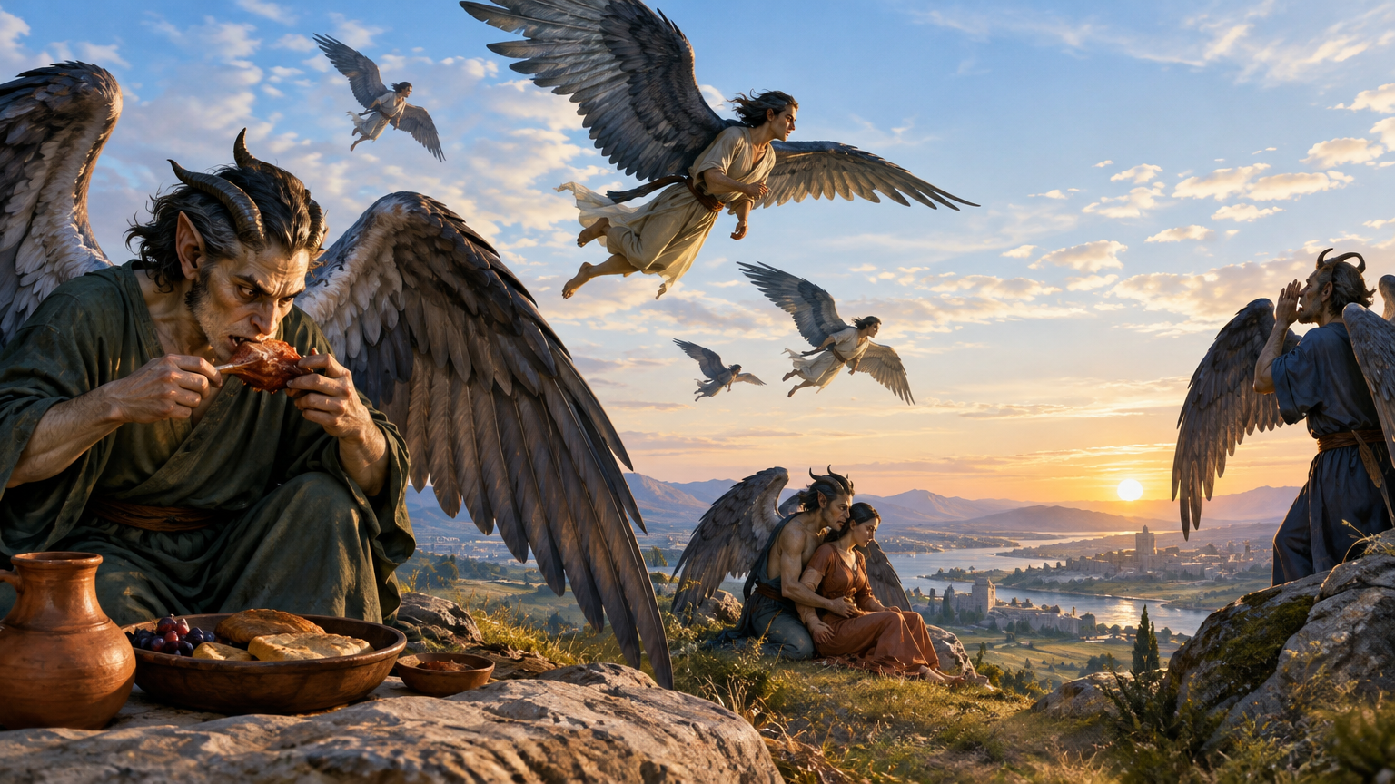 Winged beings cross the world as others eat and drink nearby.