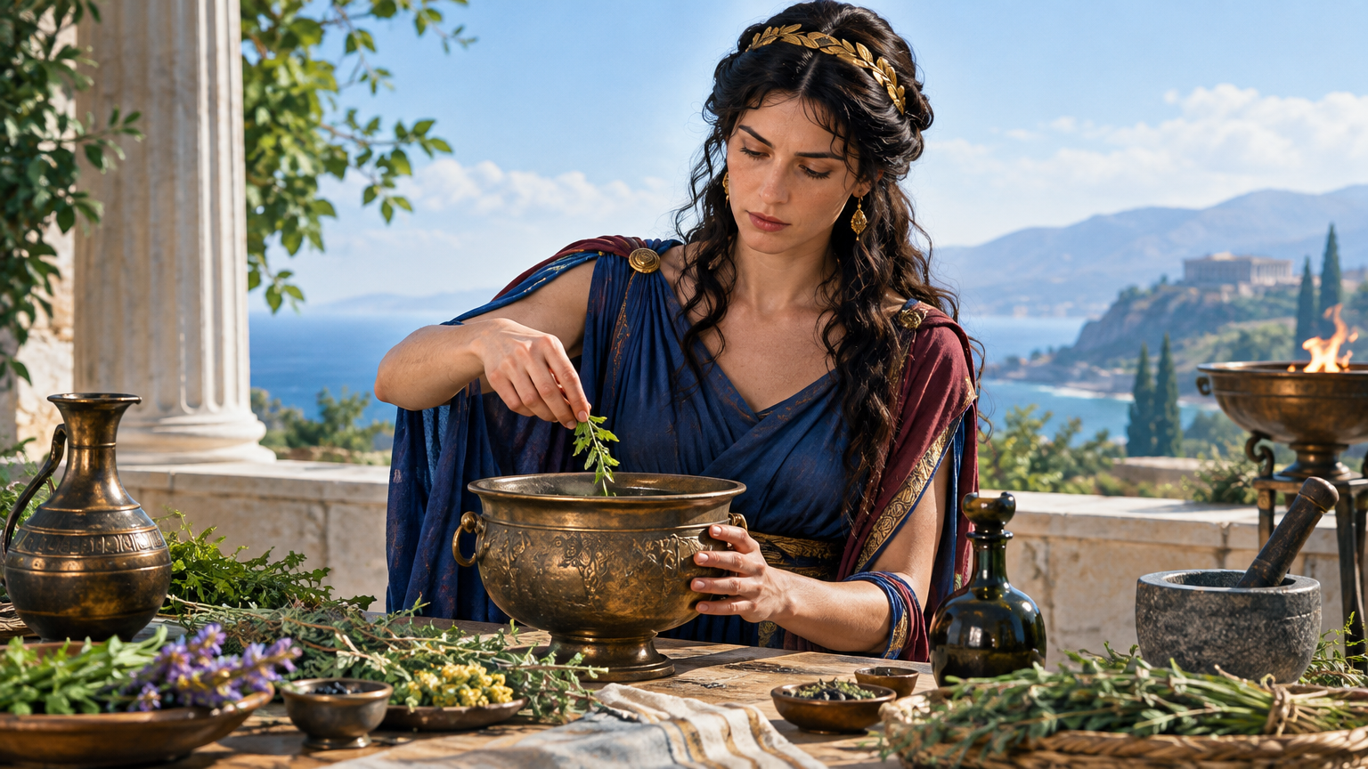 A woman stands beside gathered herbs and a small vessel.