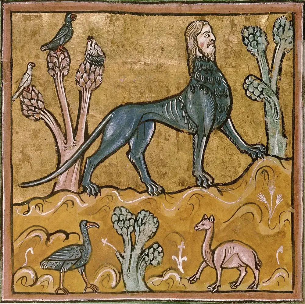 Illustration of a manticore; detail of a miniature from the Rochester Bestiary, BL Royal 12 F xiii, f. 24v. Late 1200s CE. Held and digitised by the British Library.