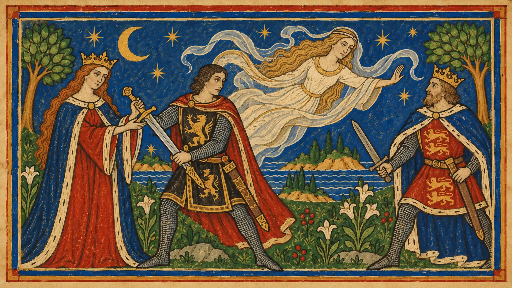 Morgan le Fay gives Accolon the true Excalibur while Arthur faces him with counterfeit equipment, setting the king at a deliberate disadvantage. Nimue’s intervention breaks Morgan’s scheme, turning the episode into a direct conflict between two of the Arthurian tradition’s most powerful enchantresses.
