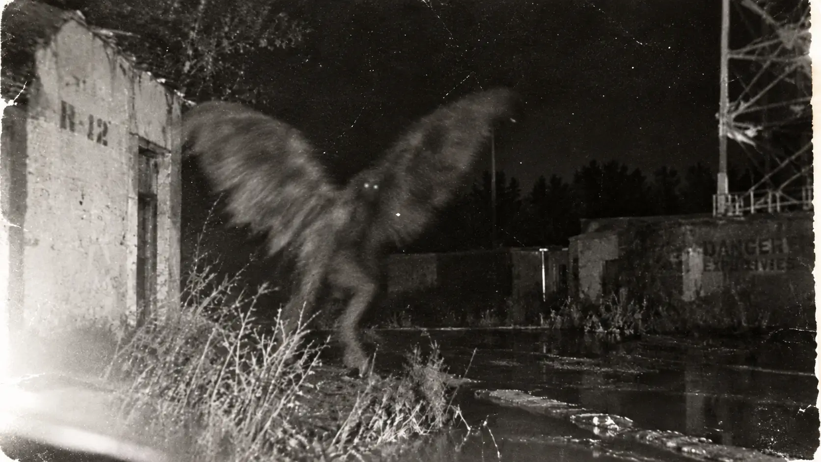 Historical illustration recreating reported Mothman sightings near the former West Virginia Ordnance Works in 1966. This is an artistic reconstruction, not an authentic photograph.