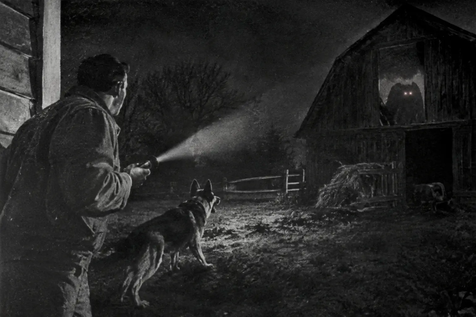 Historical reconstruction of Newell Partridge and his dog Bandit confronting unexplained red reflections near their Salem, West Virginia, home in 1966. This is an artistic illustration, not an authentic photograph.