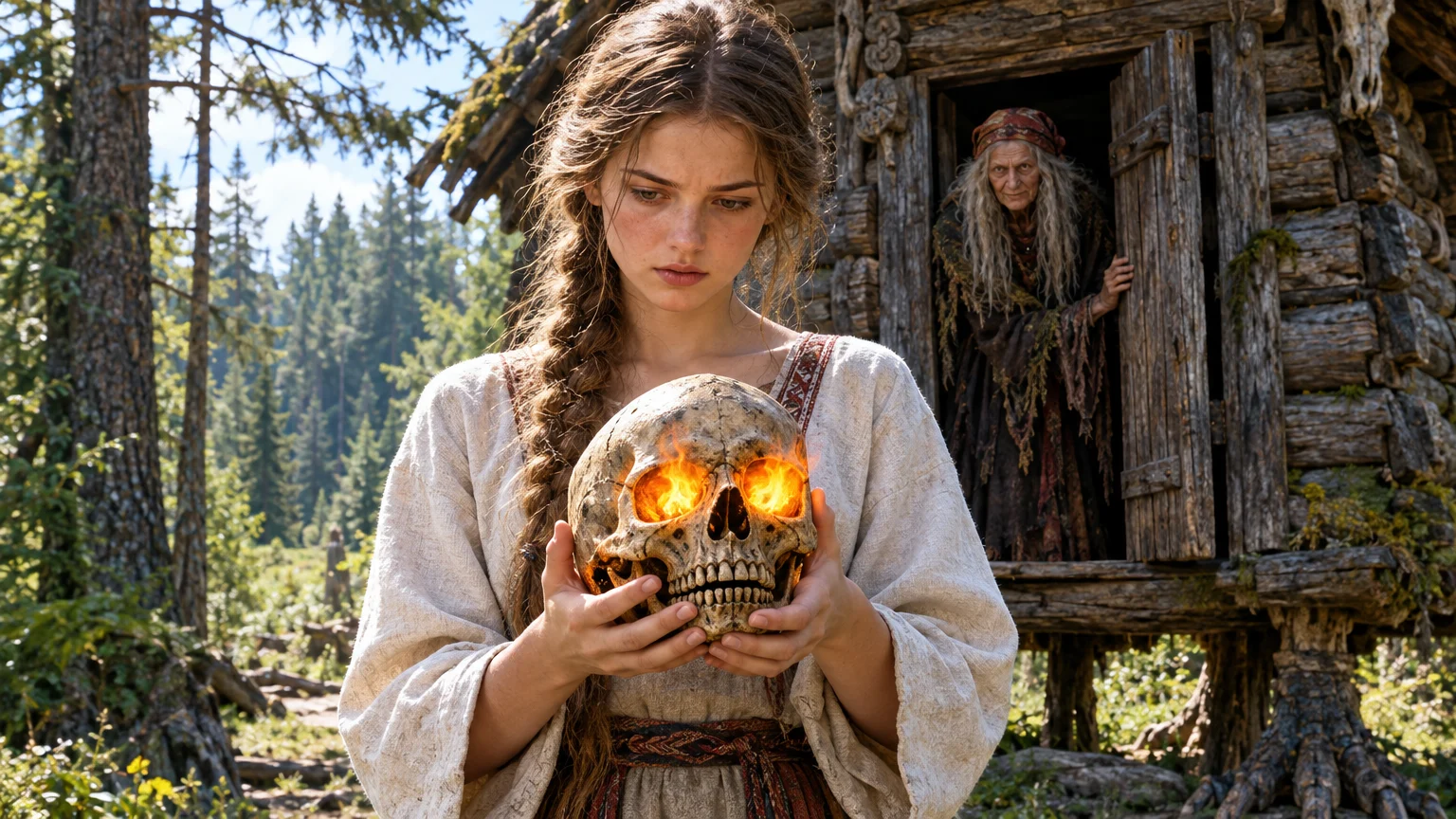 Vasilisa carries Baba Yaga’s fire from the forest hut, a perilous gift that turns supernatural aid into destruction at home.