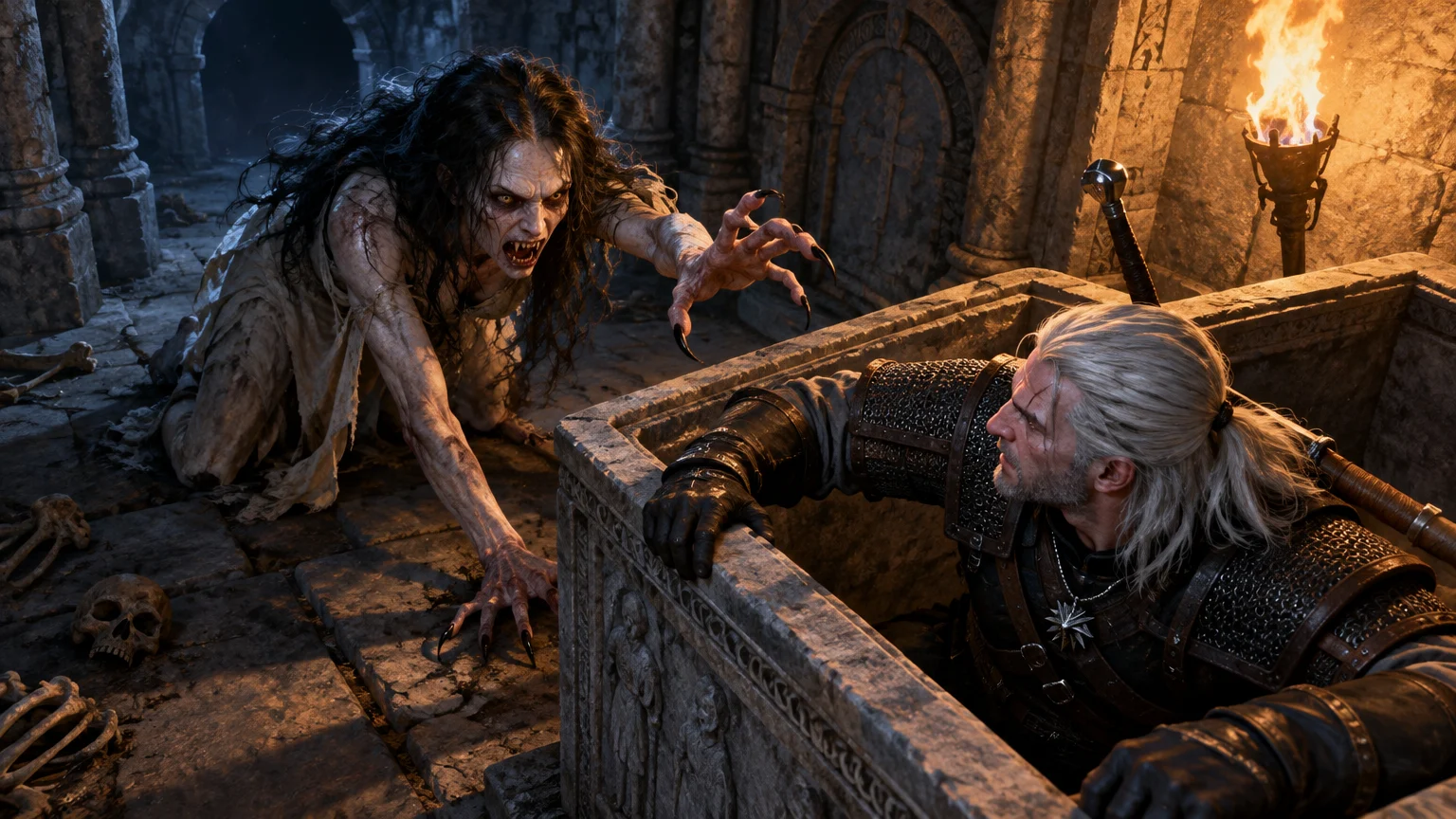 Geralt takes refuge inside the sarcophagus as the striga’s nighttime attack makes survival until dawn a physical struggle.