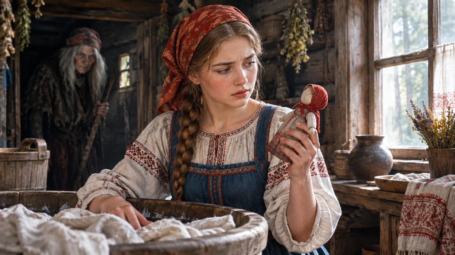In Afanasyev’s “Vasilisa the Beautiful,” a daughter’s inherited doll helps her endure impossible labor in Baba Yaga’s household.